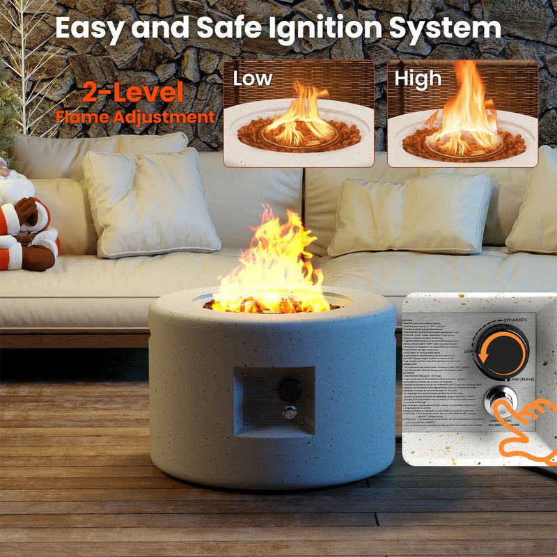 Round Terrazzo Propane Gas Fire Pit with Hideaway Tank Holder and Lava Rocks by DirectDeals