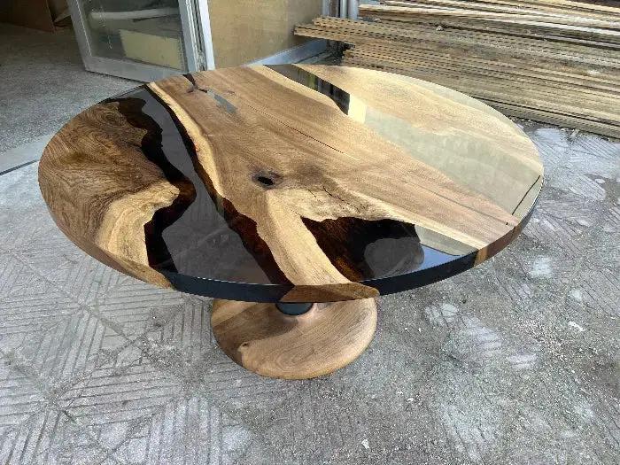Custom Round Epoxy Resin Walnut Dining - Kitchen Table With Wood Base by Gizz