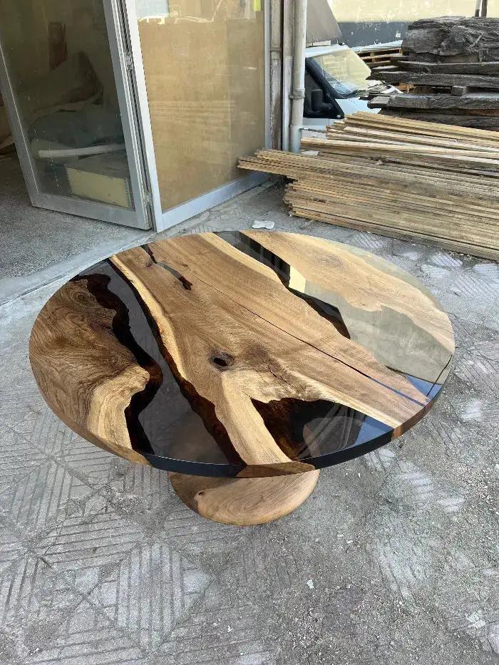 Custom Round Epoxy Resin Walnut Dining - Kitchen Table With Wood Base by Gizz