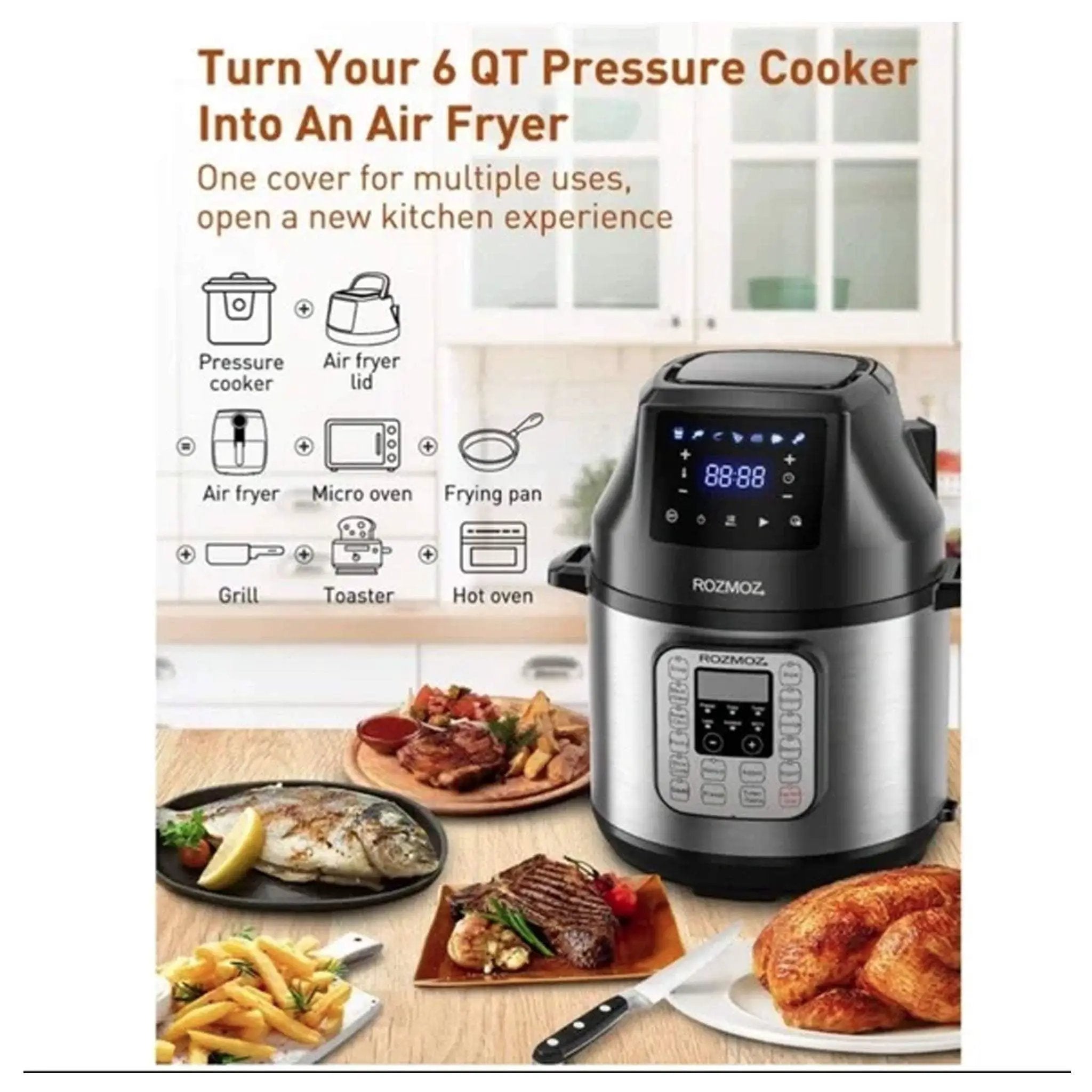 Rozmoz roaster pressure cooker air fryer instant pot lid black 6 Qt by Selzalot