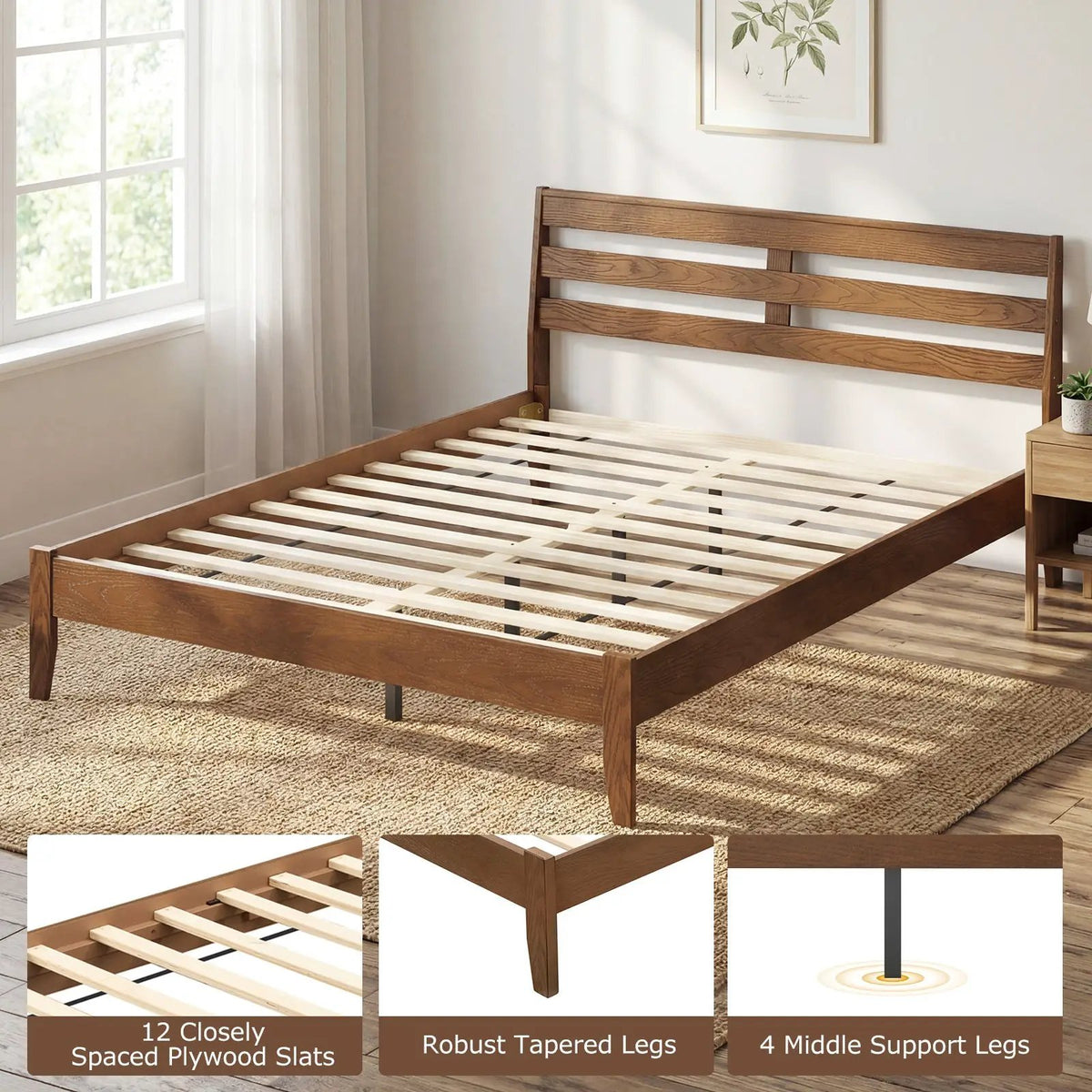 Twin Size Wood Platform Bed Frame with Slat Headboard by DirectDeals