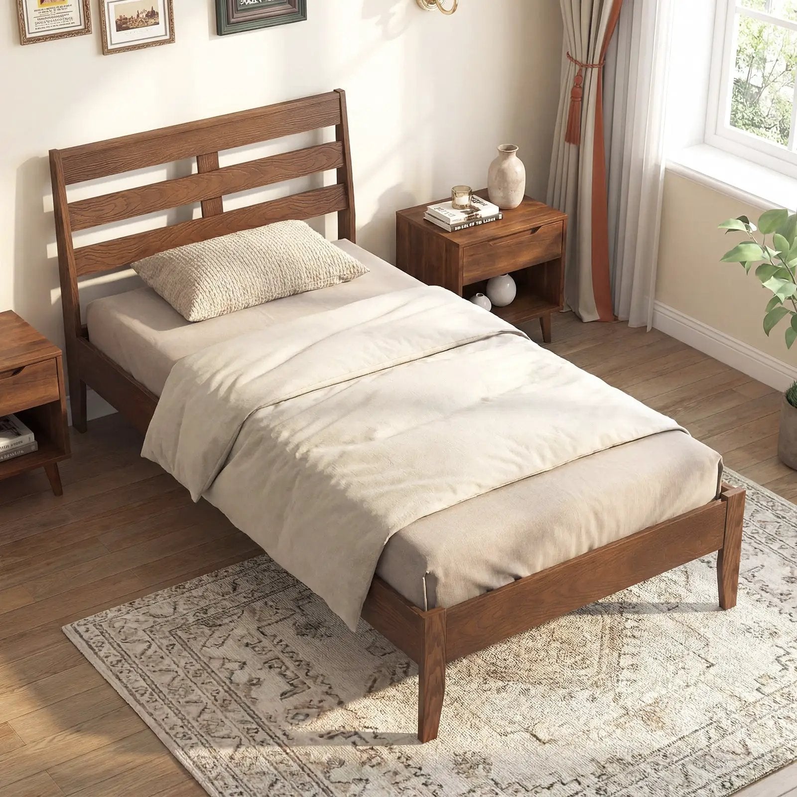 Twin Size Wood Platform Bed Frame with Slat Headboard by DirectDeals
