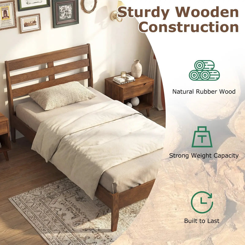 Twin Size Wood Platform Bed Frame with Slat Headboard by DirectDeals