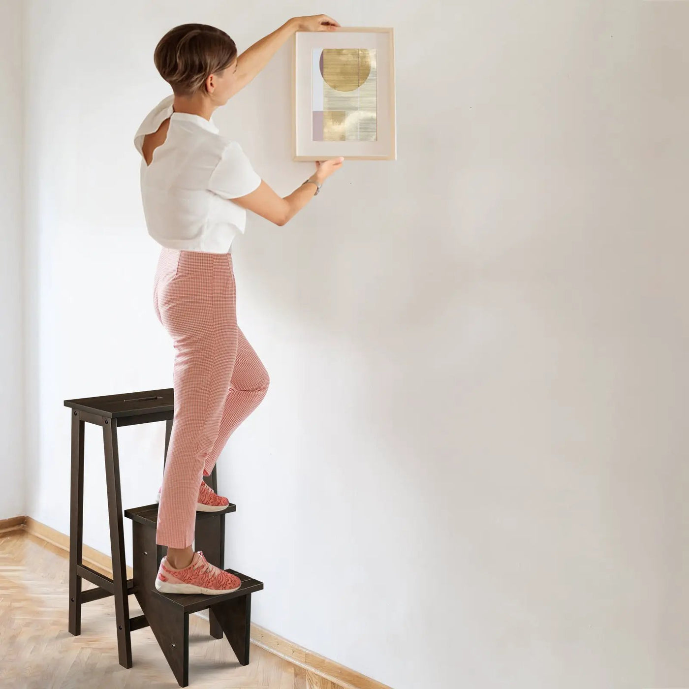3-in-1 Rubber Wood 3 Tier Folding Step Stool Ladder Storage Shelf-Coffee by DirectDeals