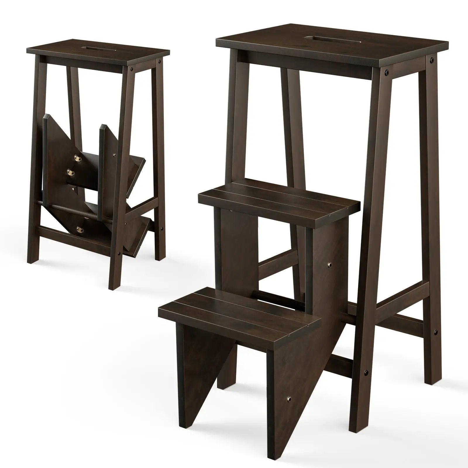 3-in-1 Rubber Wood 3 Tier Folding Step Stool Ladder Storage Shelf-Coffee by DirectDeals
