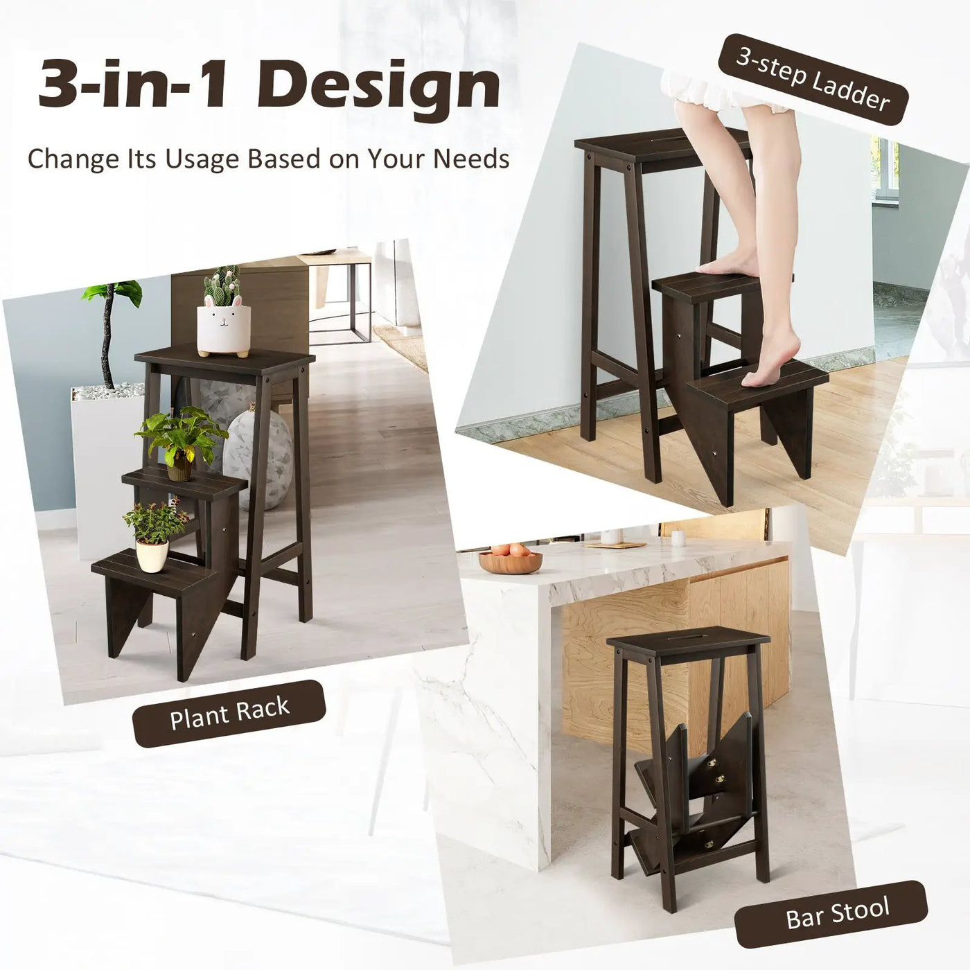3-in-1 Rubber Wood 3 Tier Folding Step Stool Ladder Storage Shelf-Coffee by DirectDeals