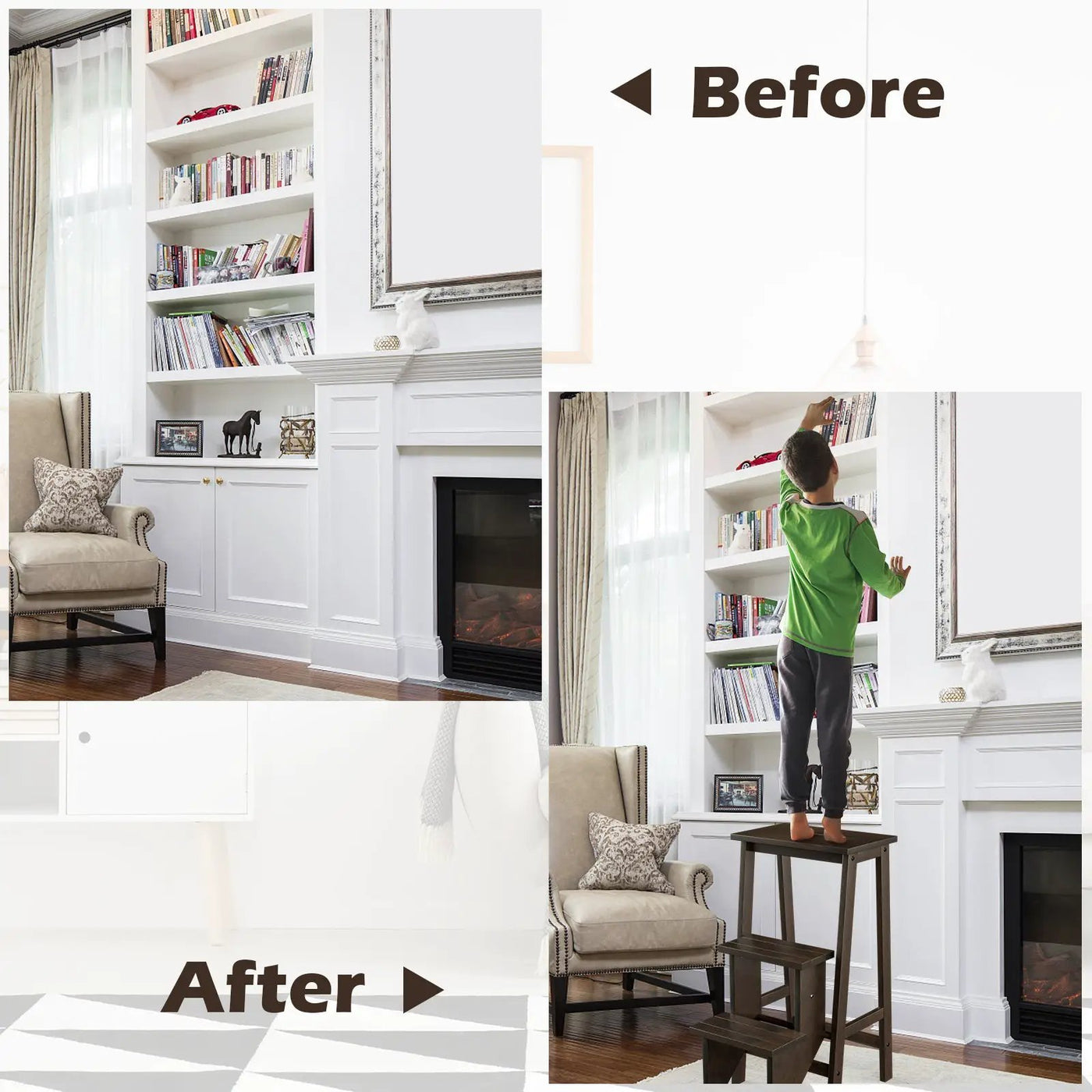 3-in-1 Rubber Wood 3 Tier Folding Step Stool Ladder Storage Shelf-Coffee by DirectDeals