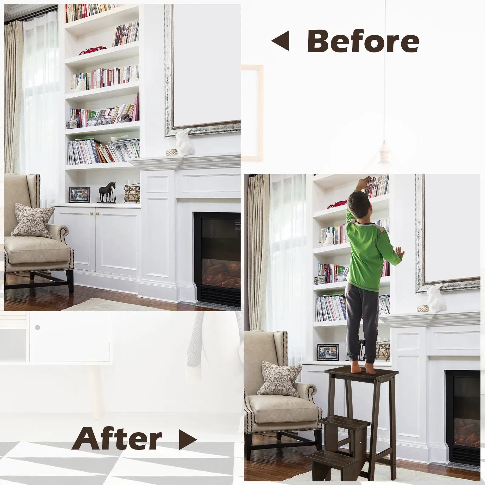 3-in-1 Rubber Wood 3 Tier Folding Step Stool Ladder Storage Shelf-Coffee by DirectDeals