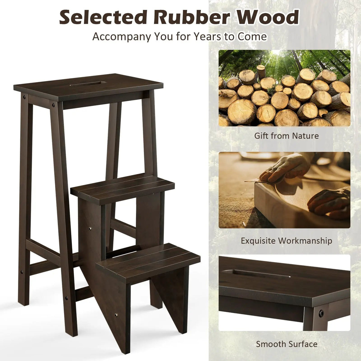 3-in-1 Rubber Wood 3 Tier Folding Step Stool Ladder Storage Shelf-Coffee by DirectDeals