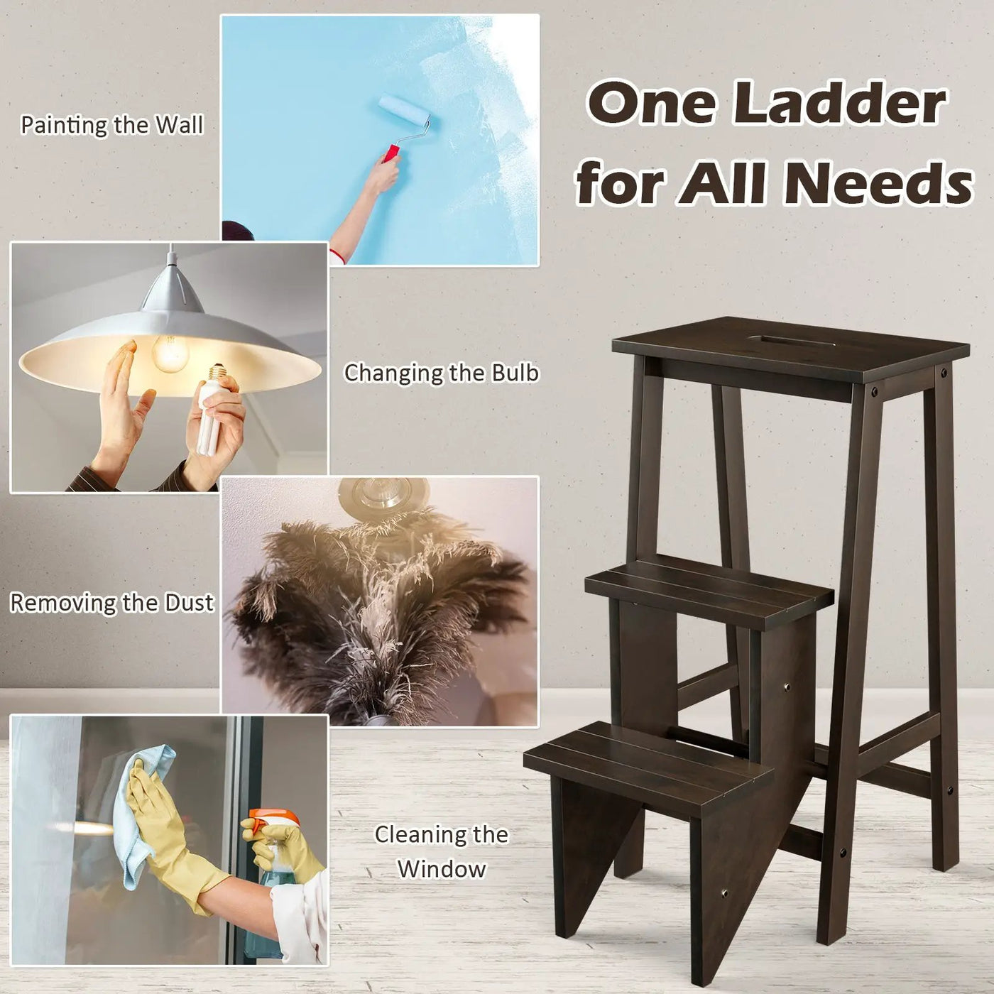 3-in-1 Rubber Wood 3 Tier Folding Step Stool Ladder Storage Shelf-Coffee by DirectDeals