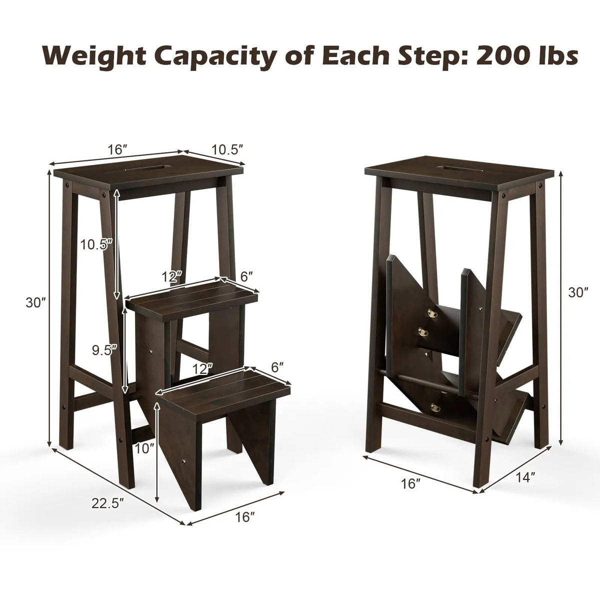 3-in-1 Rubber Wood 3 Tier Folding Step Stool Ladder Storage Shelf-Coffee by DirectDeals