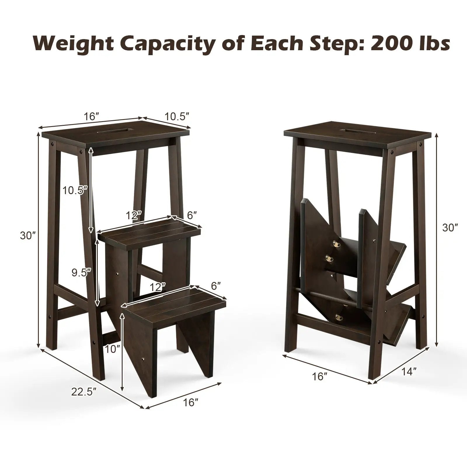 3-in-1 Rubber Wood 3 Tier Folding Step Stool Ladder Storage Shelf-Coffee by DirectDeals