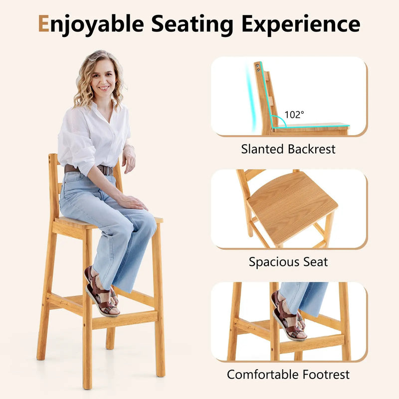 Set of 2 28 Inch Rubber Wood Armless Bar Stools with Backrest and Footrest-Natural by DirectDeals