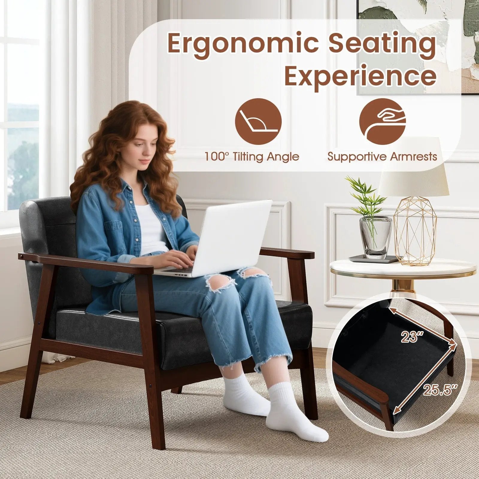 Rubber Wood Frame Accent Chair with Armrest for Living Room by DirectDeals