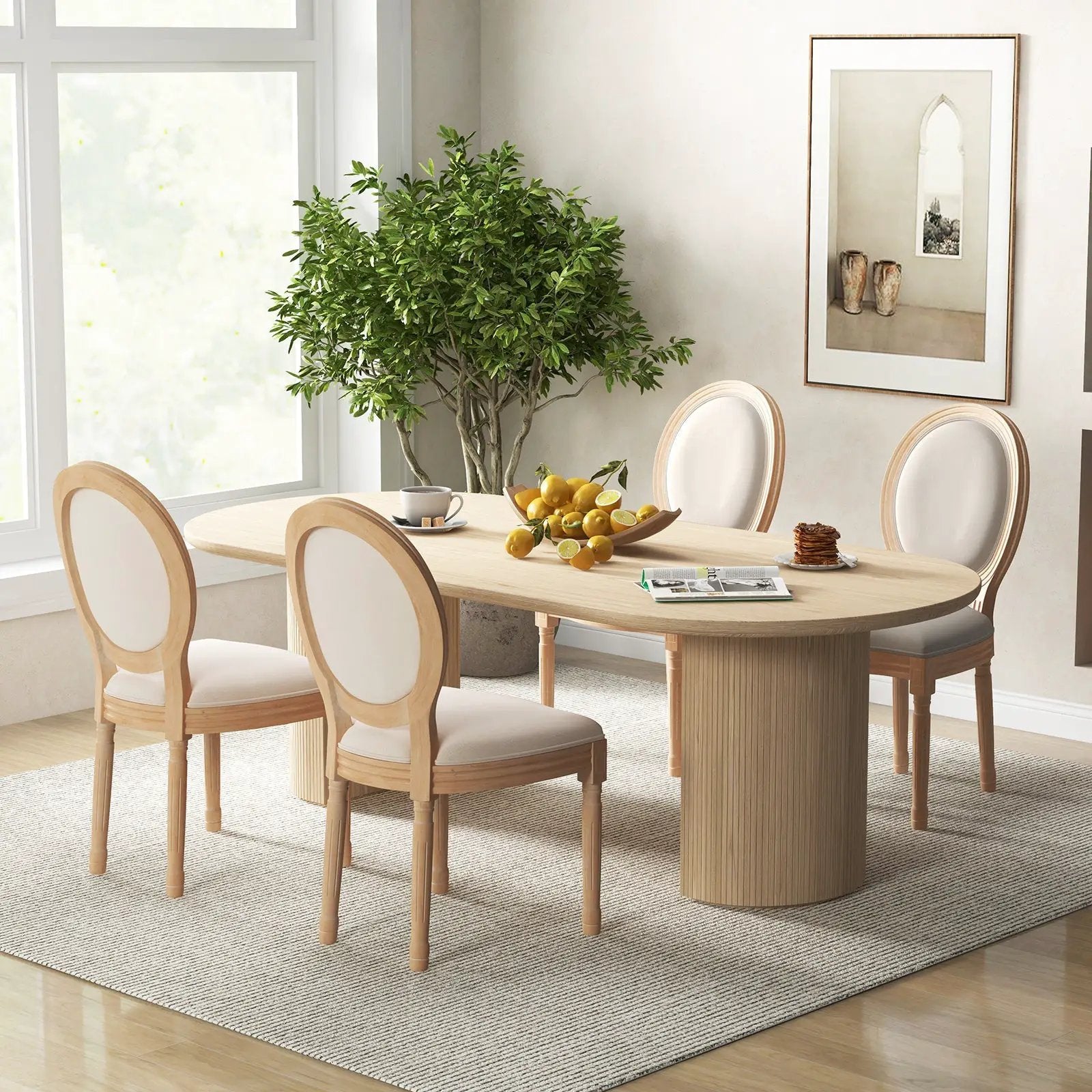 Rubber Wood Kitchen French Dining Chair Set of 2 with Sponge Padding and Round Backrest-Beige by DirectDeals