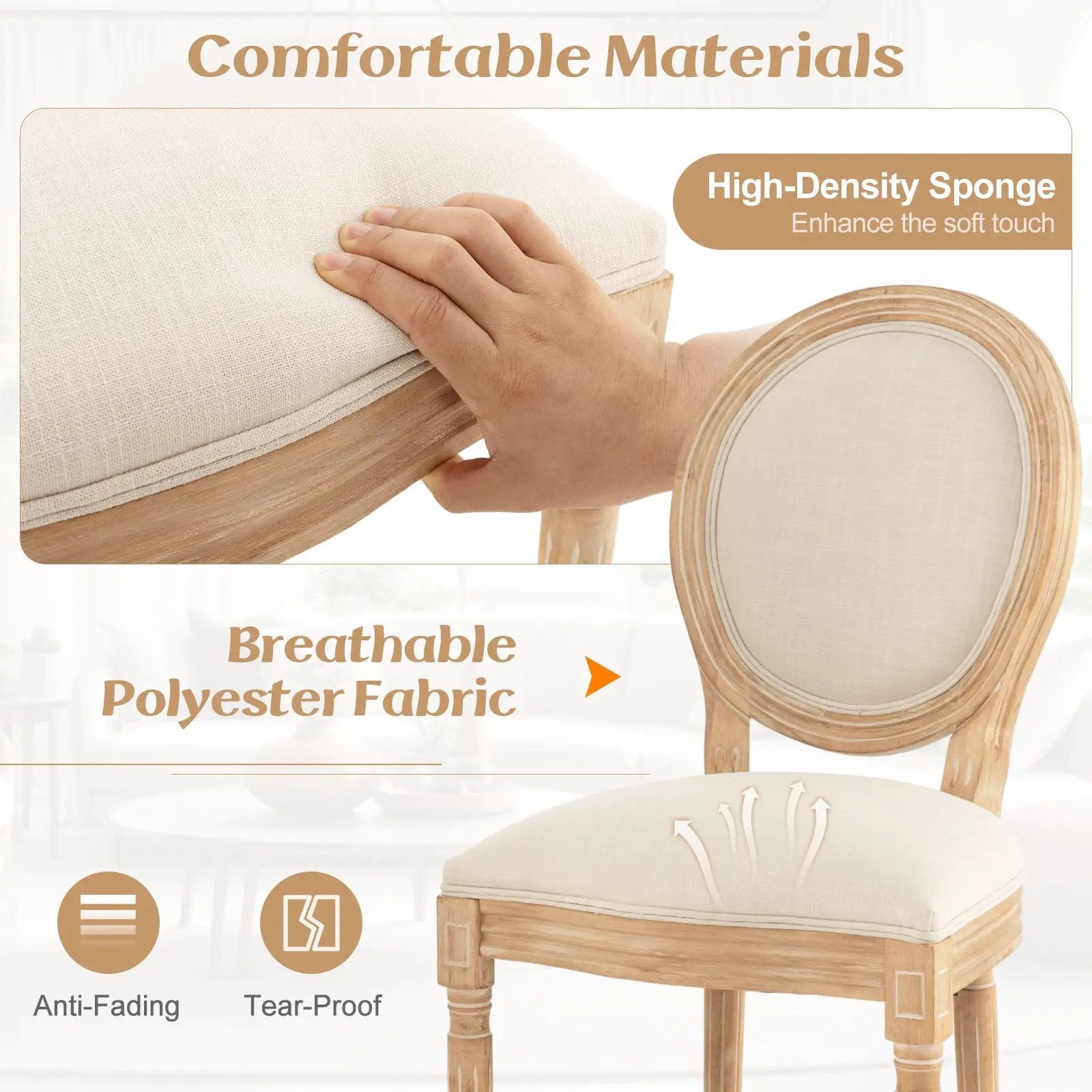 Rubber Wood Kitchen French Dining Chair Set of 2 with Sponge Padding and Round Backrest-Beige by DirectDeals