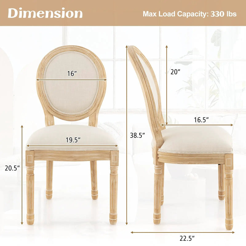 Rubber Wood Kitchen French Dining Chair Set of 2 with Sponge Padding and Round Backrest-Beige by DirectDeals