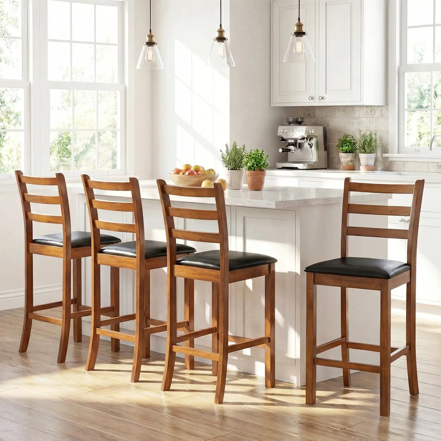 Rubber Wood Ladder Back Bar Stools Set of 2 24inch Counter Height Kitchen Island High Chairs by DirectDeals