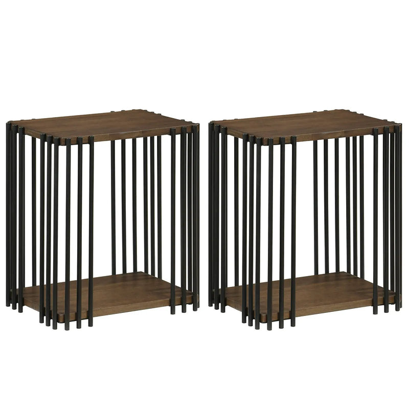 Rubber Wood Side Table Set of 2 with 2-Layer Storage Shelves and Metal Frame-Walnut by DirectDeals