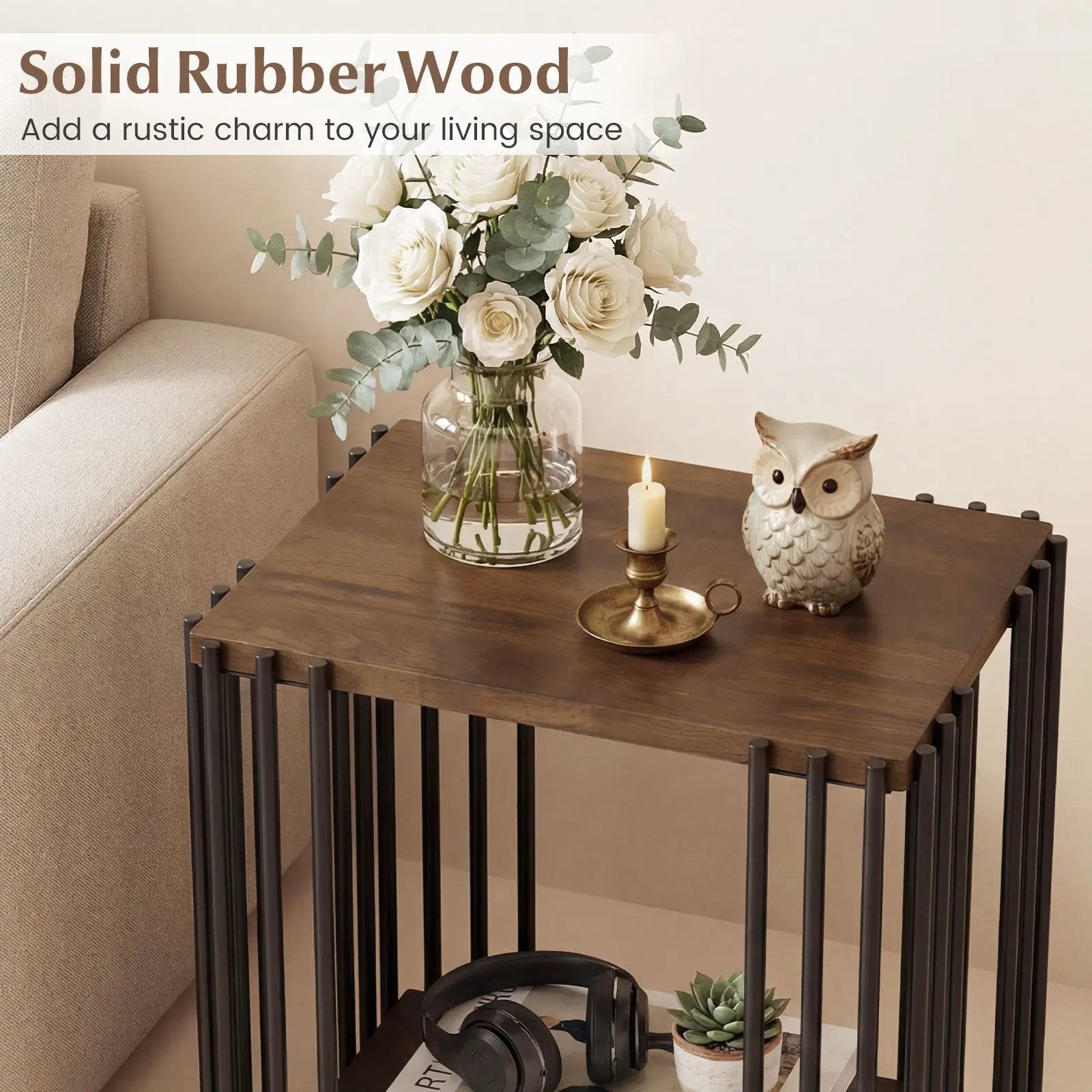 Rubber Wood Side Table with 2-Layer Storage Shelves and Metal Frame-Walnut by DirectDeals