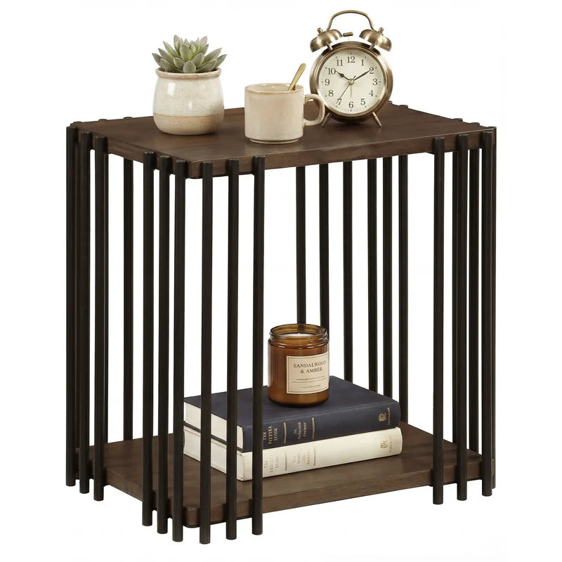 Rubber Wood Side Table with 2-Layer Storage Shelves and Metal Frame-Walnut by DirectDeals