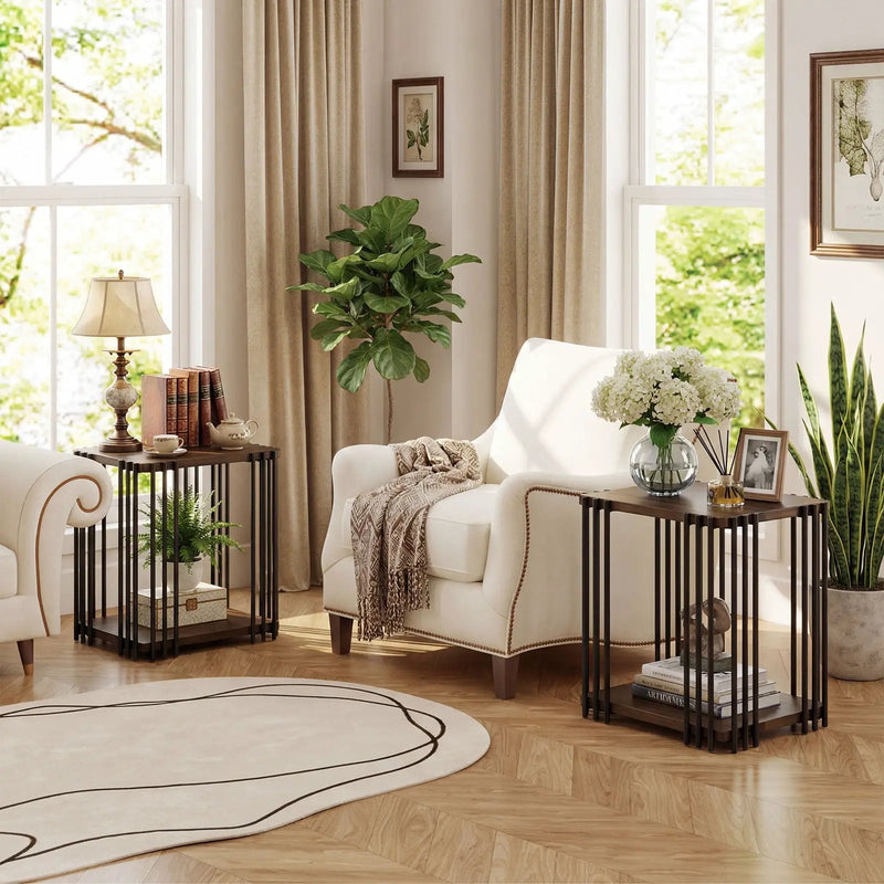 Rubber Wood Side Table Set of 2 with 2-Layer Storage Shelves and Metal Frame-Walnut by DirectDeals