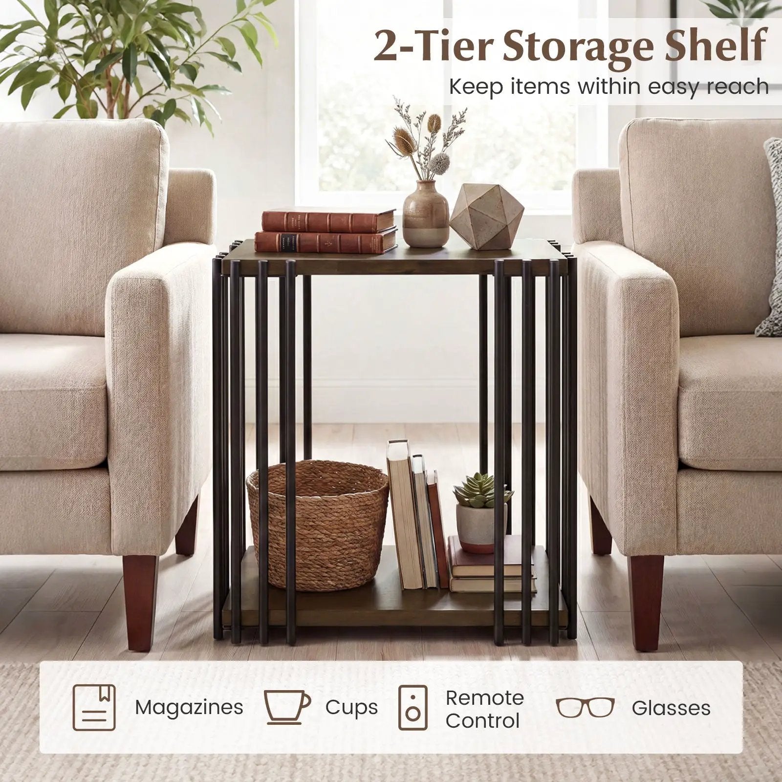 Rubber Wood Side Table Set of 2 with 2-Layer Storage Shelves and Metal Frame-Walnut by DirectDeals