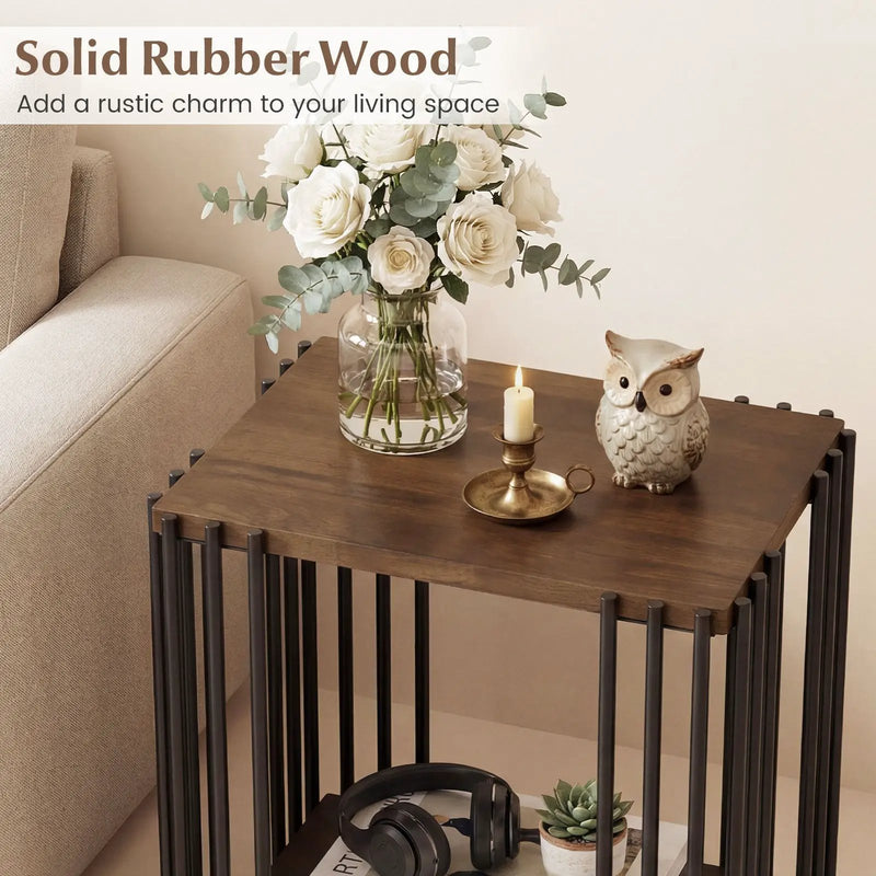 Rubber Wood Side Table Set of 2 with 2-Layer Storage Shelves and Metal Frame-Walnut by DirectDeals