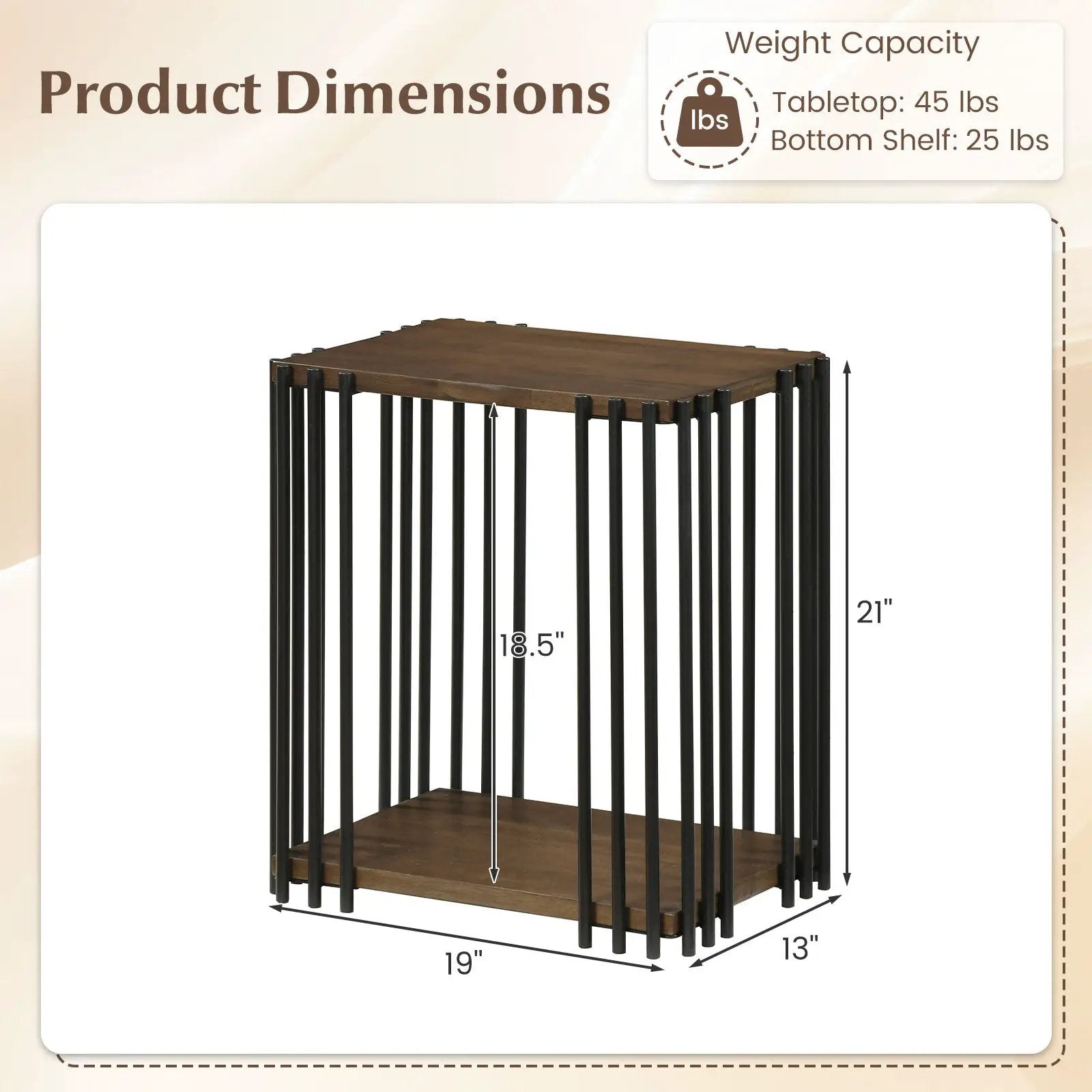 Rubber Wood Side Table Set of 2 with 2-Layer Storage Shelves and Metal Frame-Walnut by DirectDeals