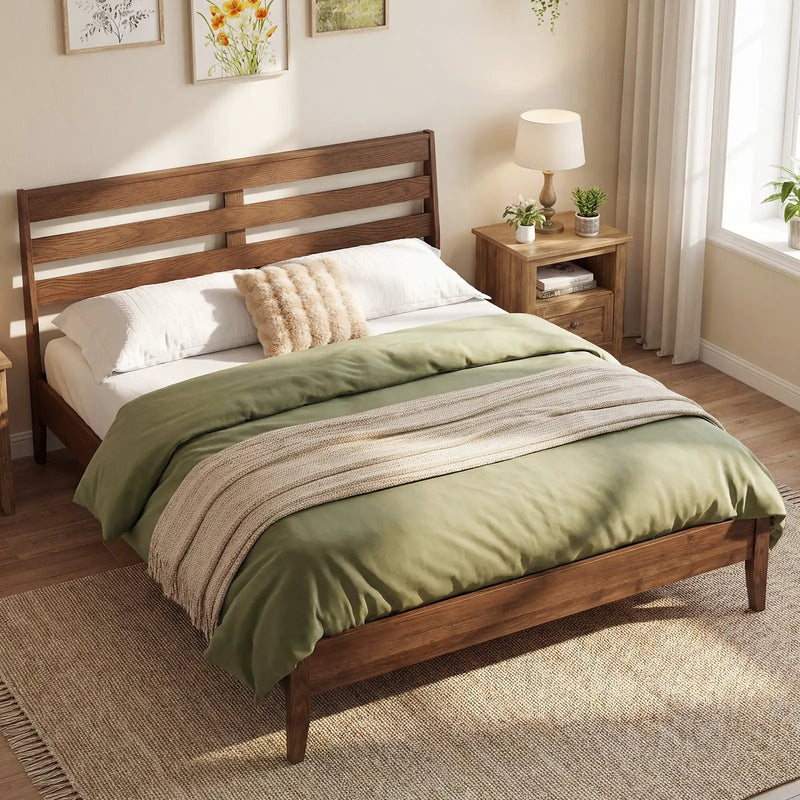 Twin Size Wood Platform Bed Frame with Slat Headboard by DirectDeals