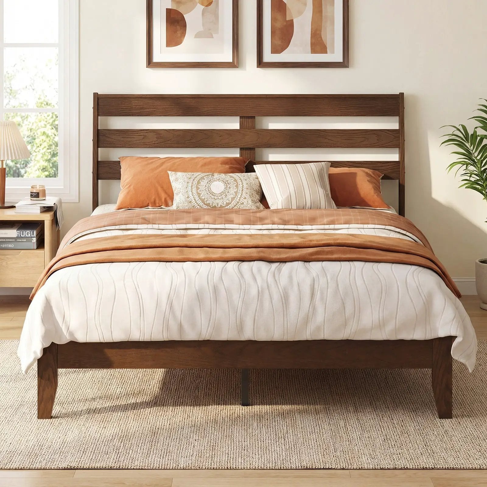 Twin Size Wood Platform Bed Frame with Slat Headboard by DirectDeals