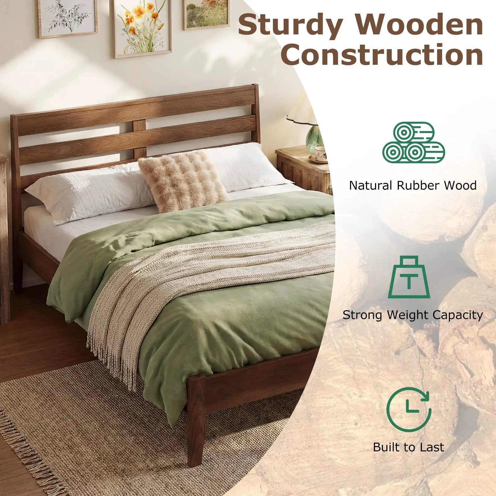 Twin Size Wood Platform Bed Frame with Slat Headboard by DirectDeals