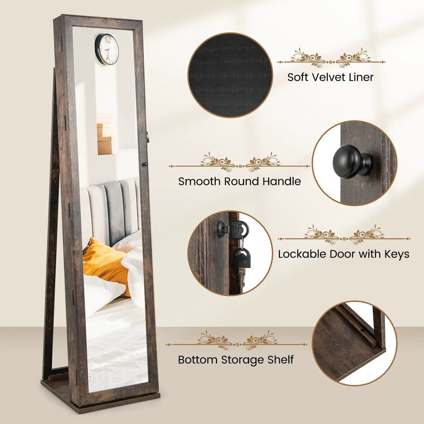 Standing Lockable Jewelry Storage Organizer with Full-Length Mirror by DirectDeals