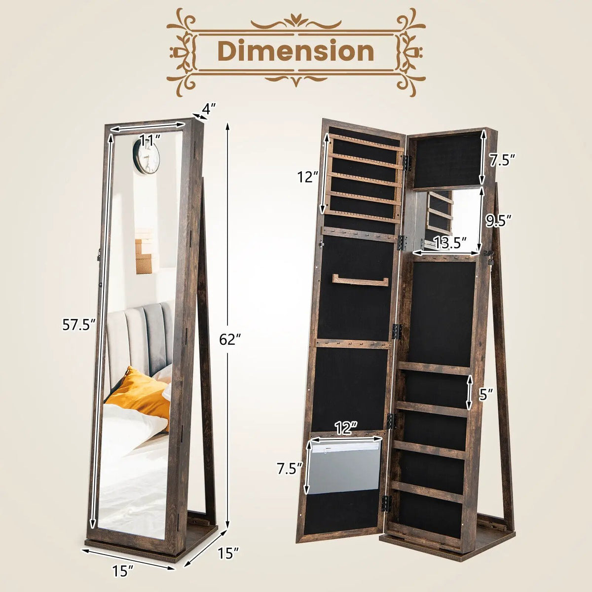 Standing Lockable Jewelry Storage Organizer with Full-Length Mirror by DirectDeals