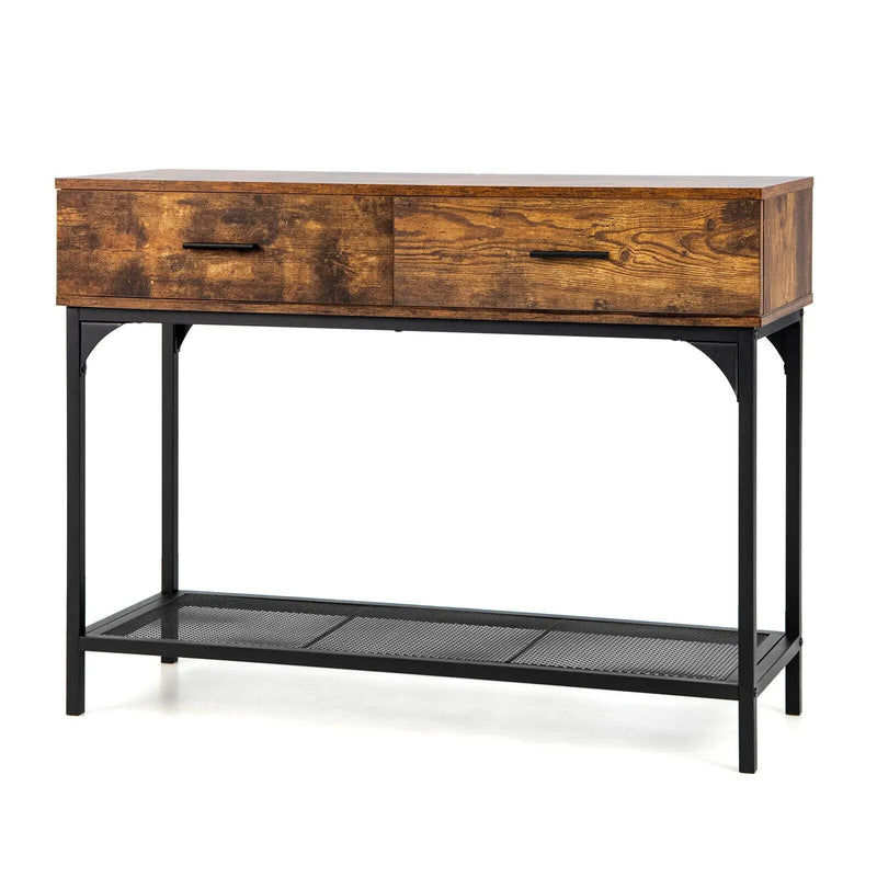2 Drawers Console Table with Metal Frame for Living Room-Rustic Brown by DirectDeals