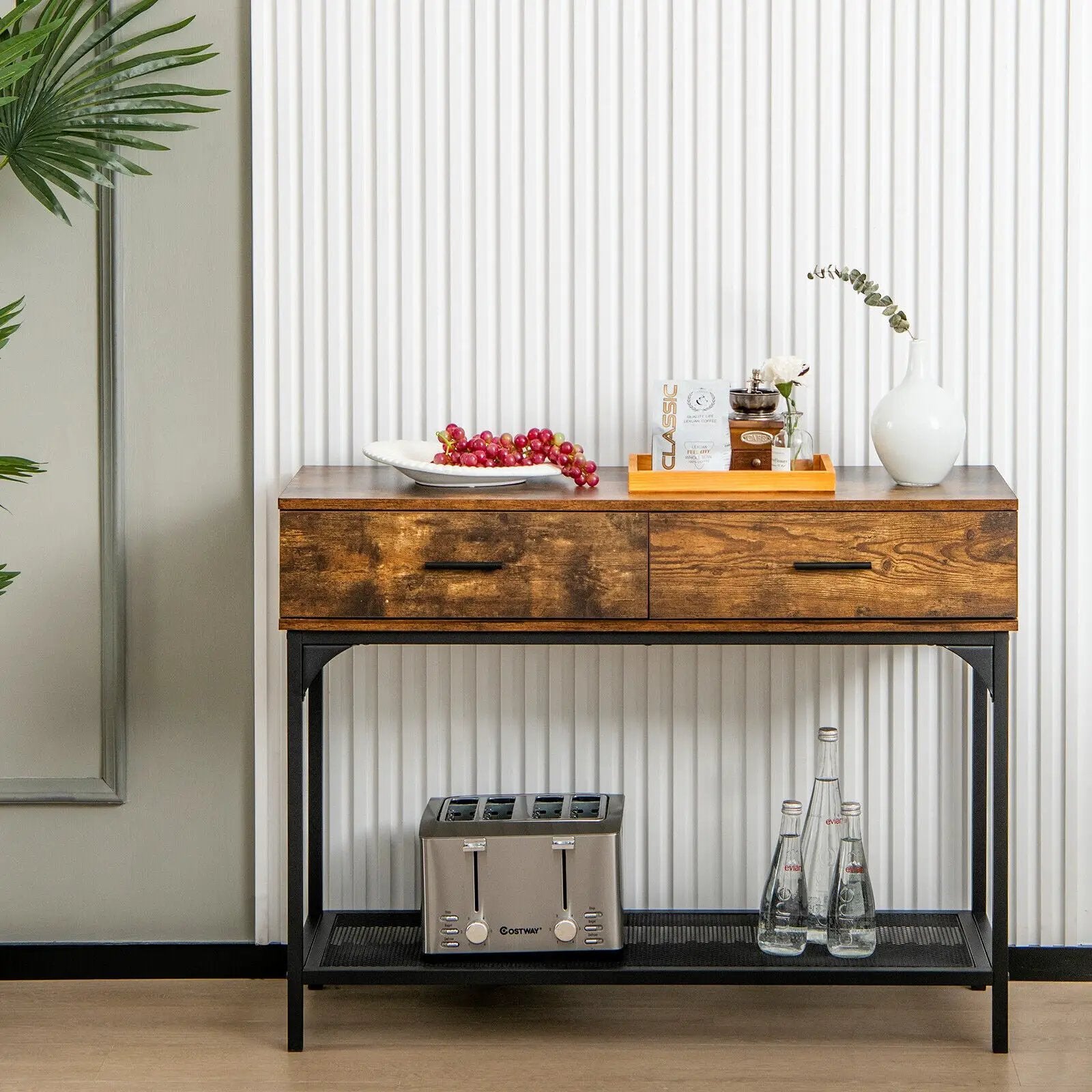 2 Drawers Console Table with Metal Frame for Living Room-Rustic Brown by DirectDeals