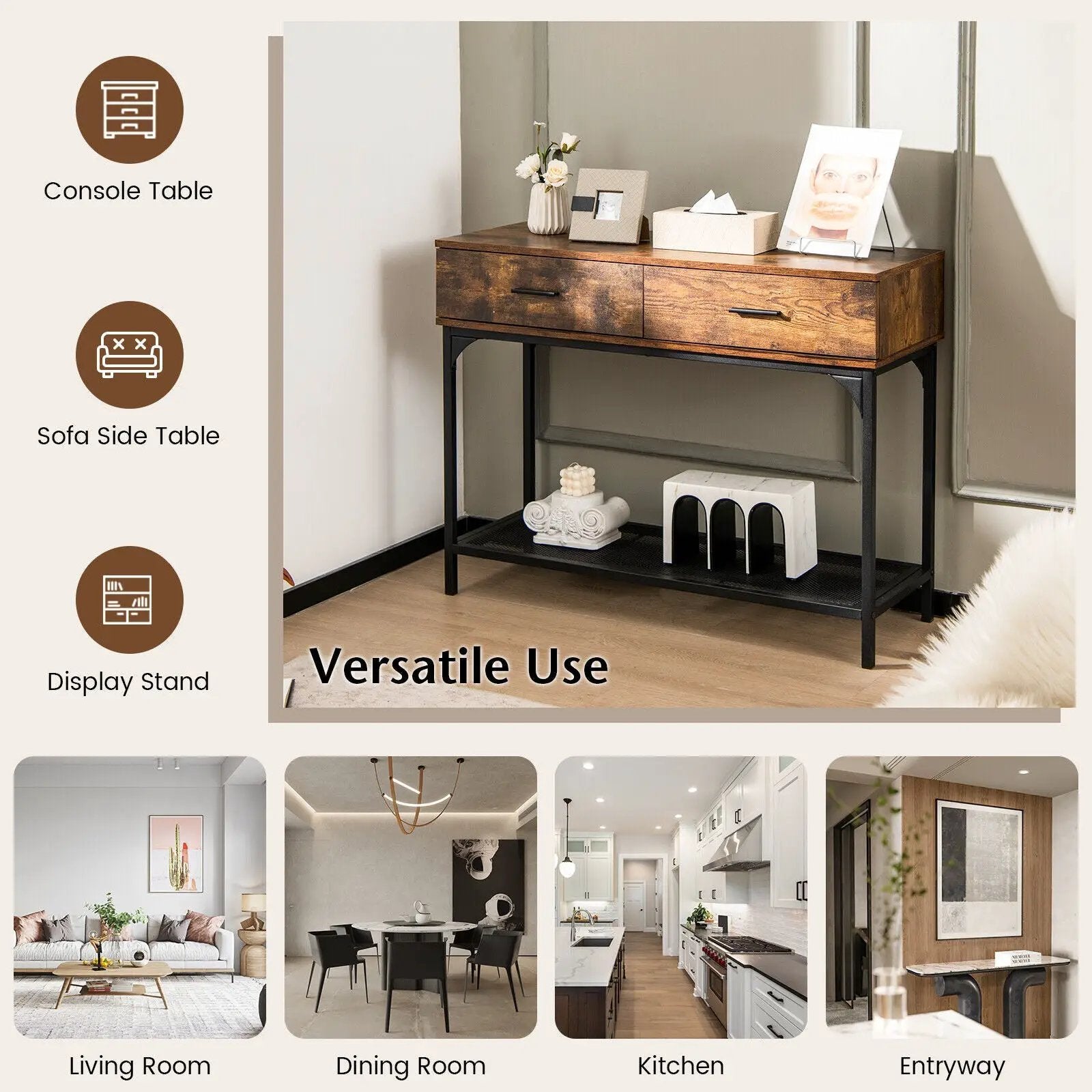 2 Drawers Console Table with Metal Frame for Living Room-Rustic Brown by DirectDeals