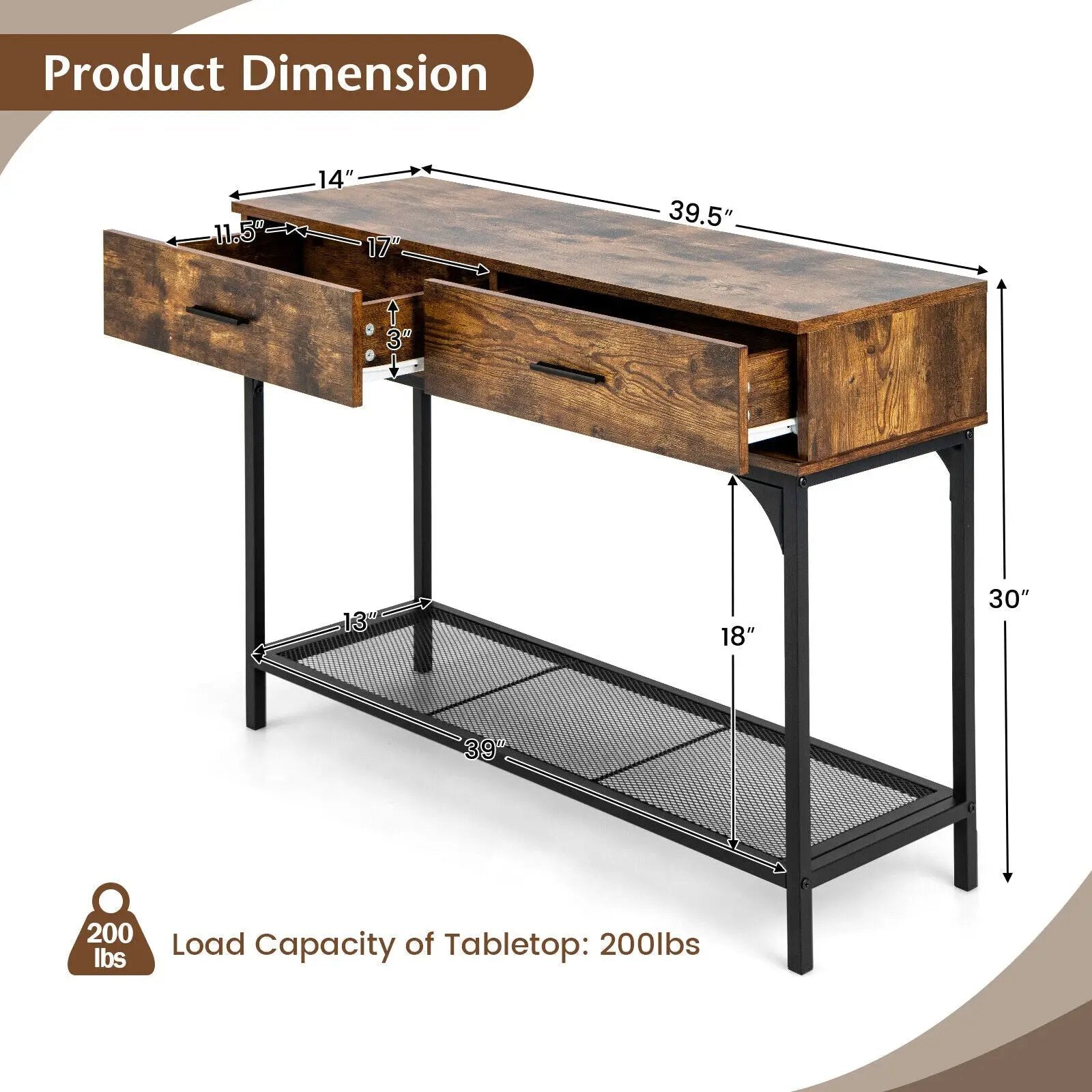 2 Drawers Console Table with Metal Frame for Living Room-Rustic Brown by DirectDeals