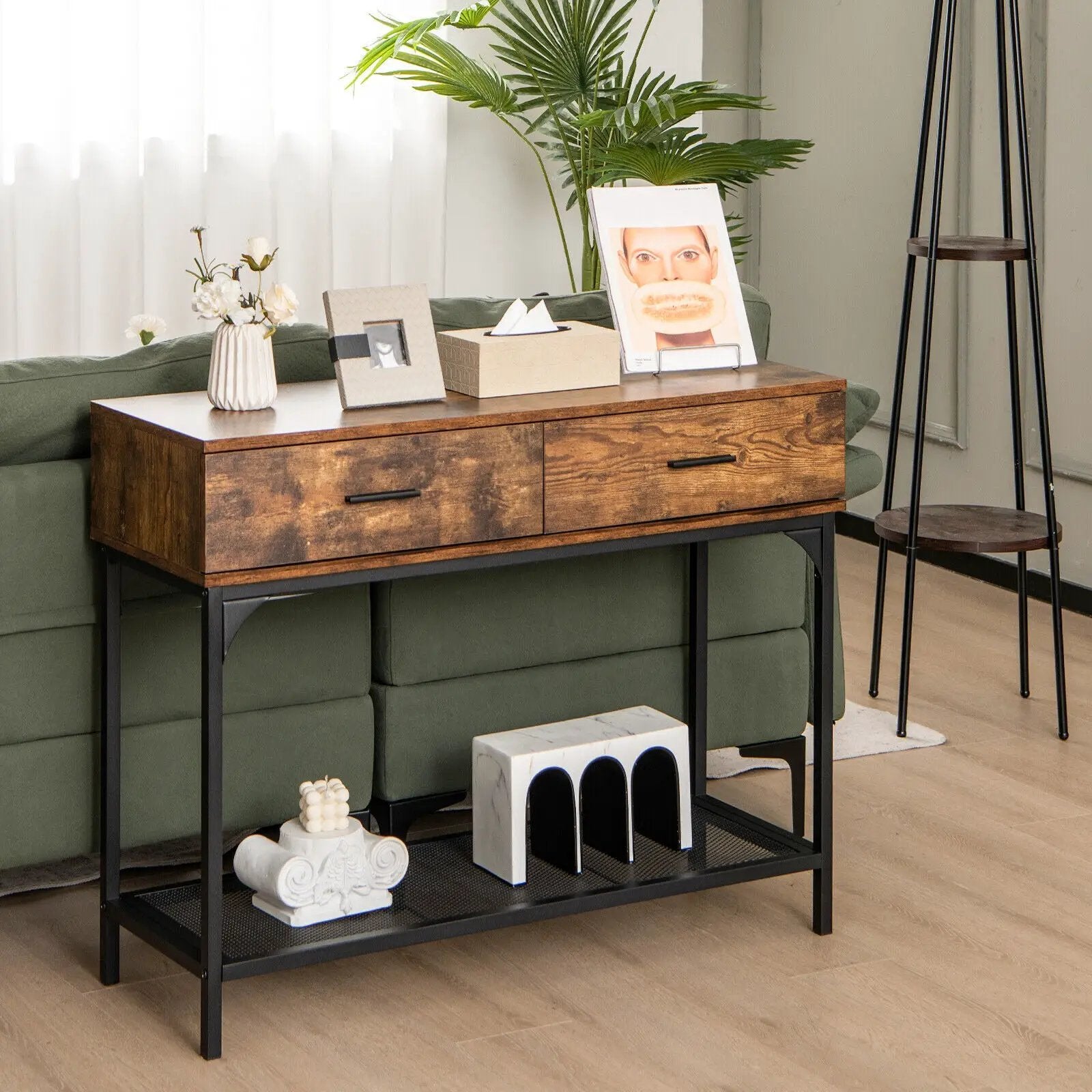2 Drawers Console Table with Metal Frame for Living Room-Rustic Brown by DirectDeals
