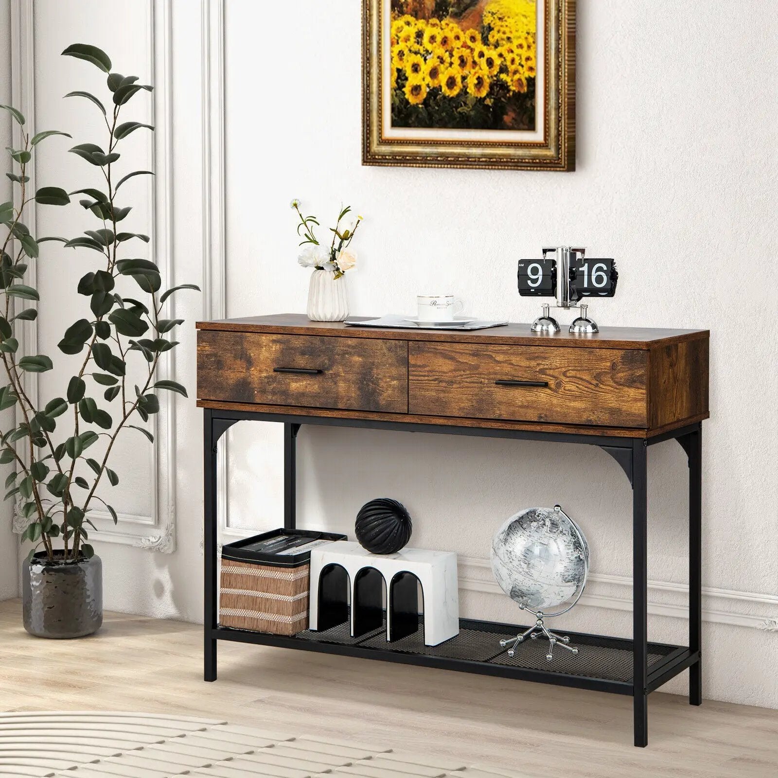 2 Drawers Console Table with Metal Frame for Living Room-Rustic Brown by DirectDeals