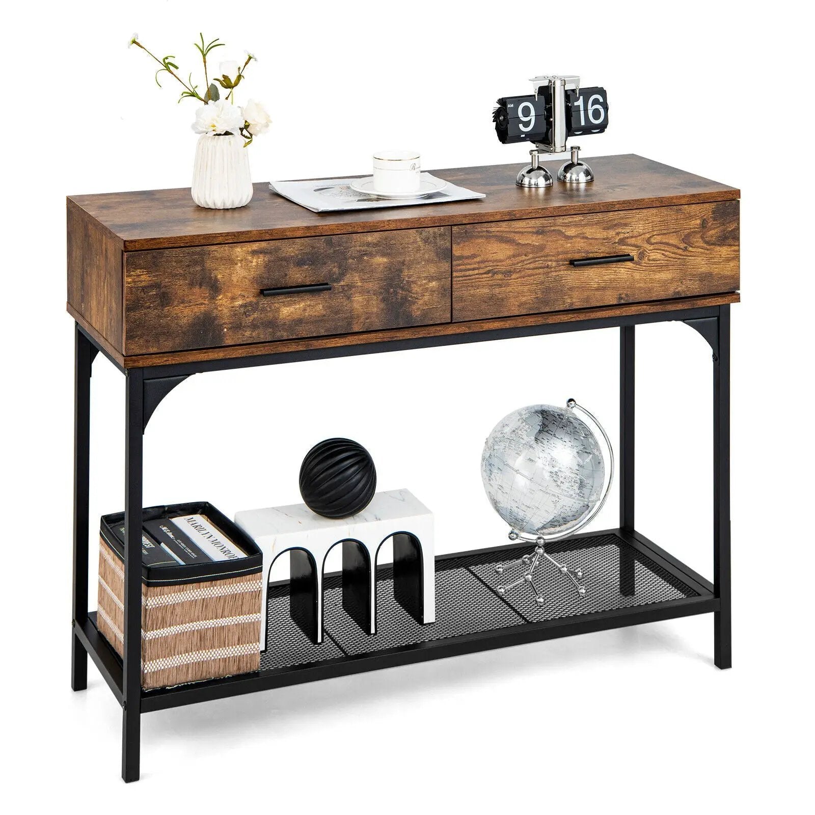 2 Drawers Console Table with Metal Frame for Living Room-Rustic Brown by DirectDeals