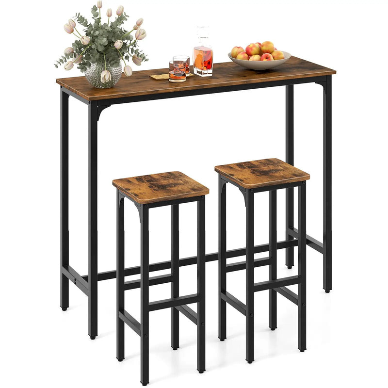 3 Pieces Industrial Bar Table and Chairs Set with Metal Frame-Rustic Brown by DirectDeals