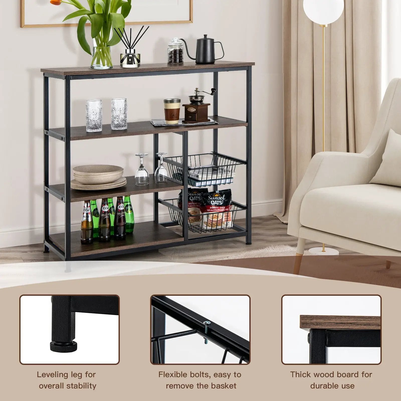 4-Tier Industrial Kitchen Baker's Rack with 2 Wire Baskets-Rustic Brown by DirectDeals