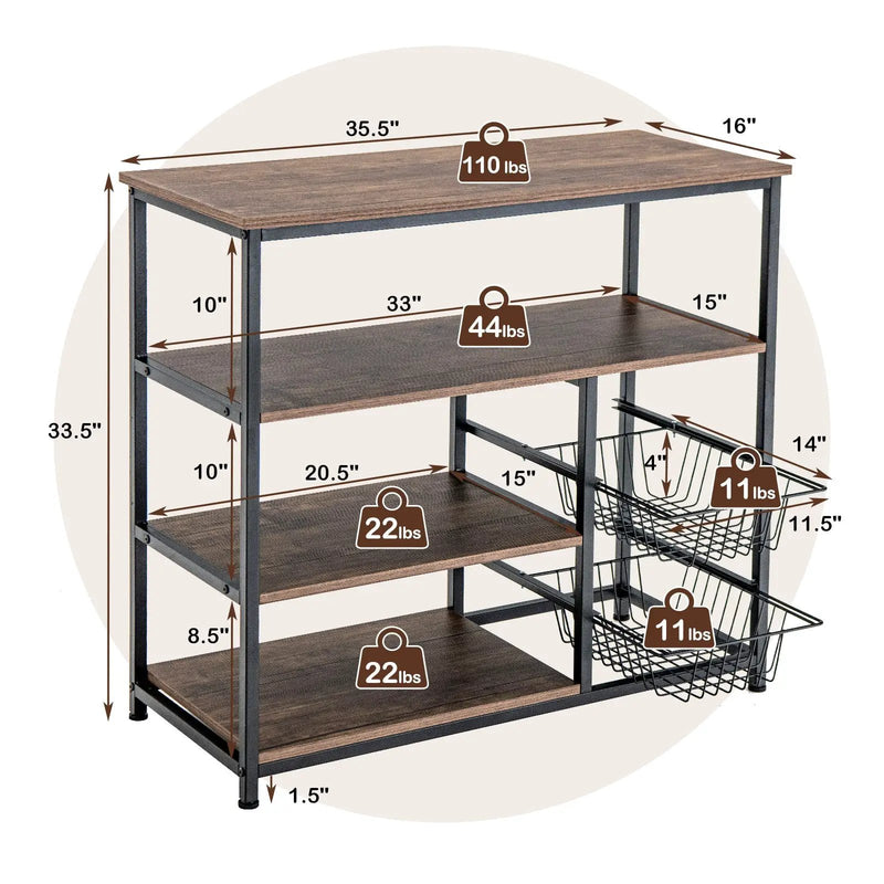 4-Tier Industrial Kitchen Baker's Rack with 2 Wire Baskets-Rustic Brown by DirectDeals