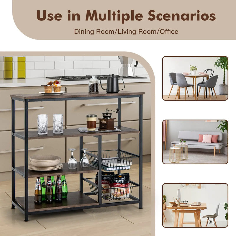 4-Tier Industrial Kitchen Baker's Rack with 2 Wire Baskets-Rustic Brown by DirectDeals