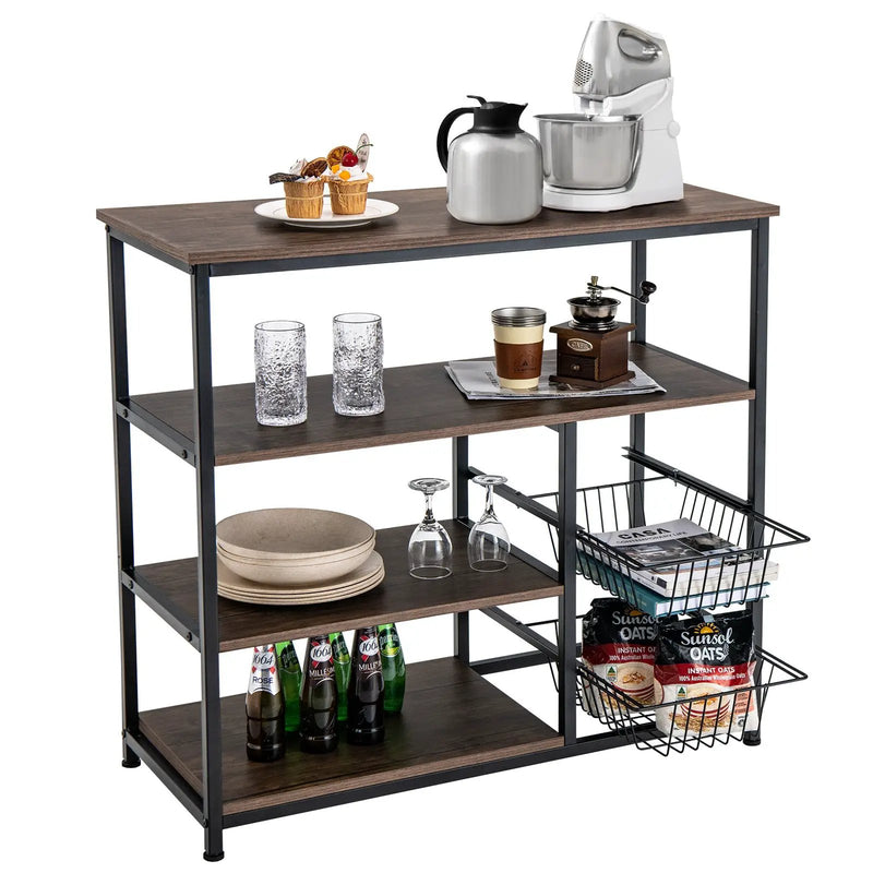 4-Tier Industrial Kitchen Baker's Rack with 2 Wire Baskets-Rustic Brown by DirectDeals