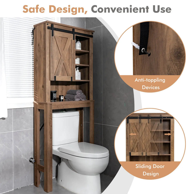 Wooden Bathroom Storage Cabinet with Sliding Barn Door and 3-level Adjustable Shelves-Rustic Brown by DirectDeals