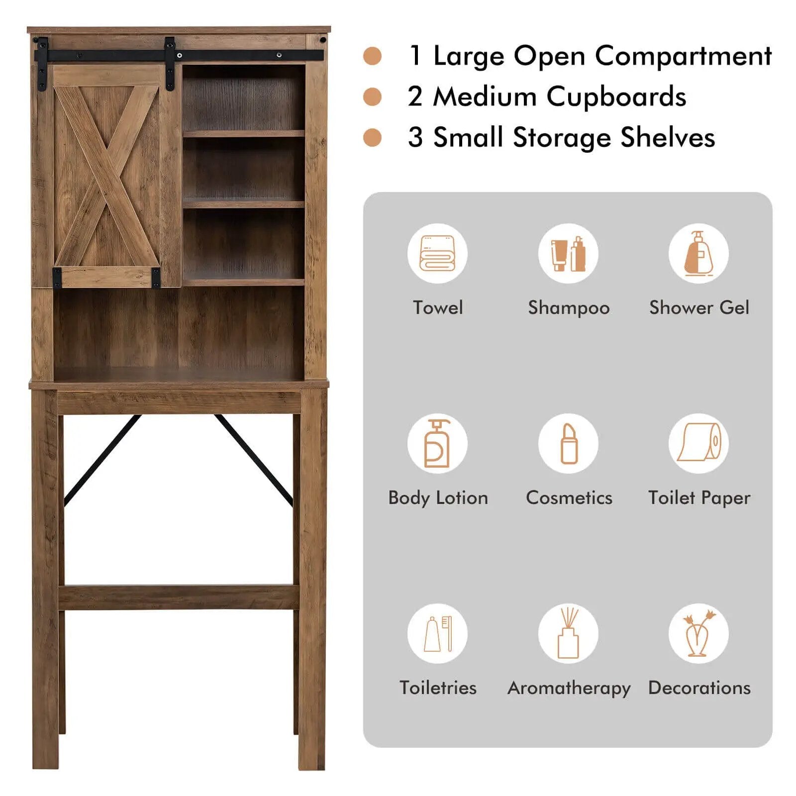 Wooden Bathroom Storage Cabinet with Sliding Barn Door and 3-level Adjustable Shelves-Rustic Brown by DirectDeals