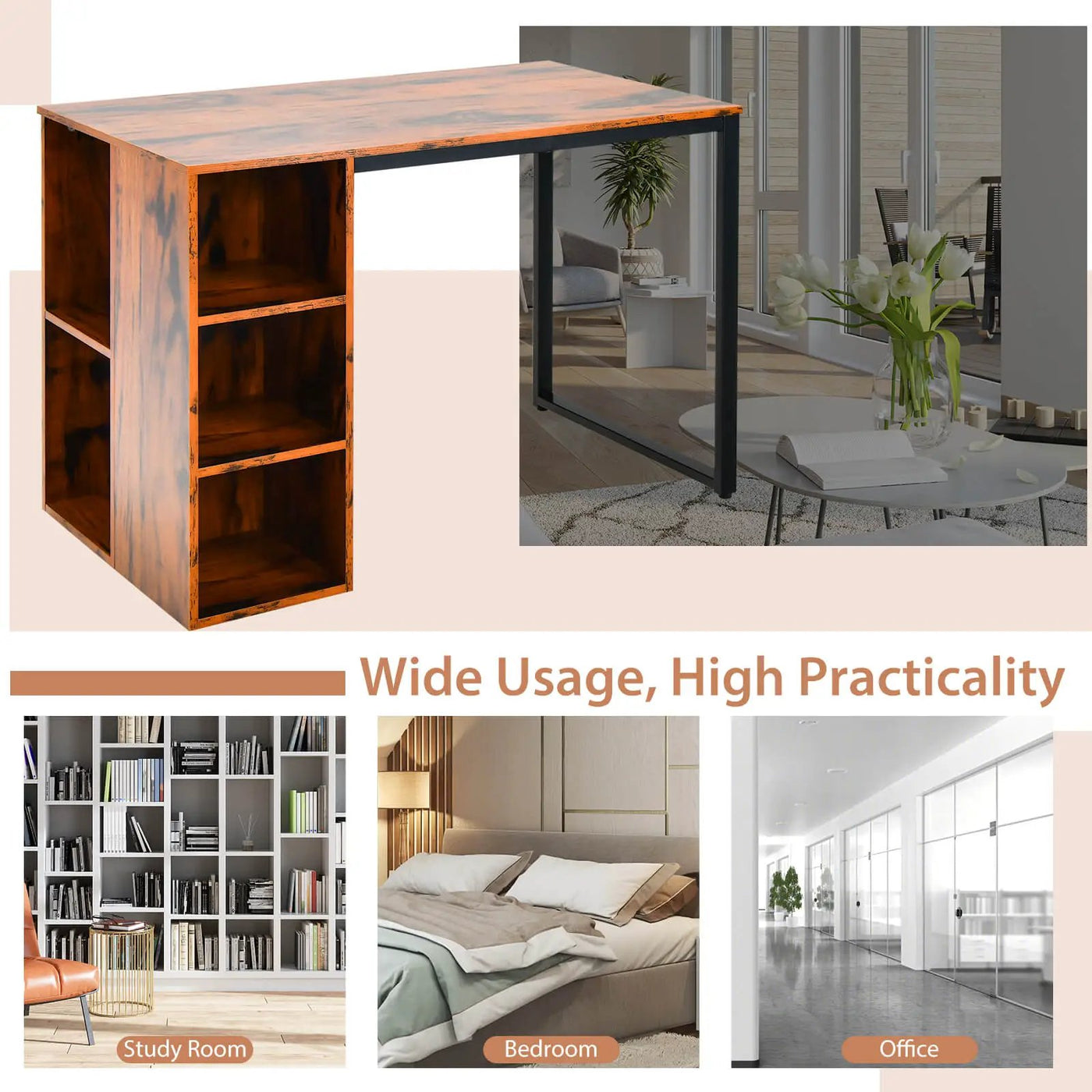 45 Inch Computer Desk with 5 Storage Compartments and Metal Frame by DirectDeals