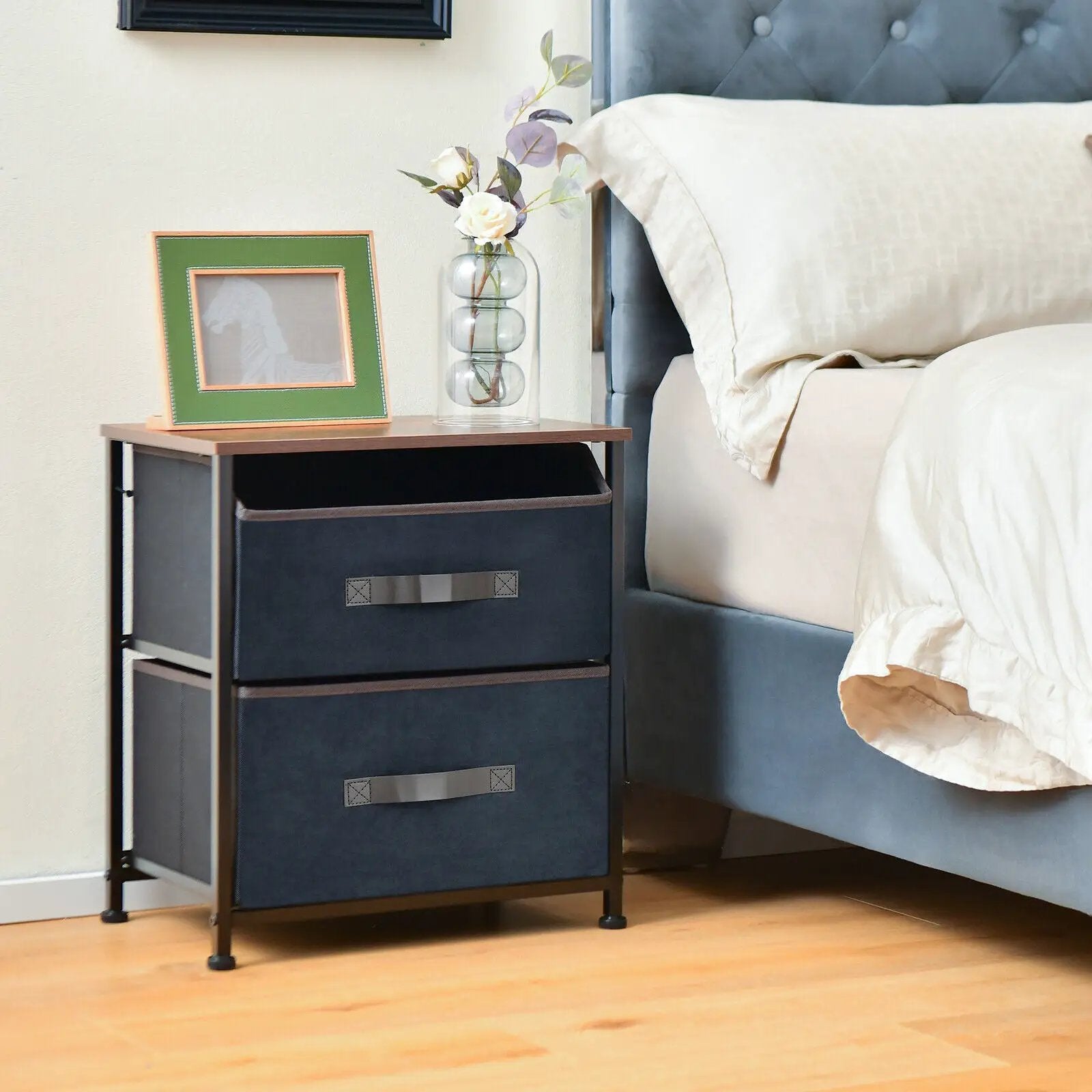 20 Inch Height Industrial Nightstand with 2 Pull-out Fabric Drawers-Rustic Brown by DirectDeals
